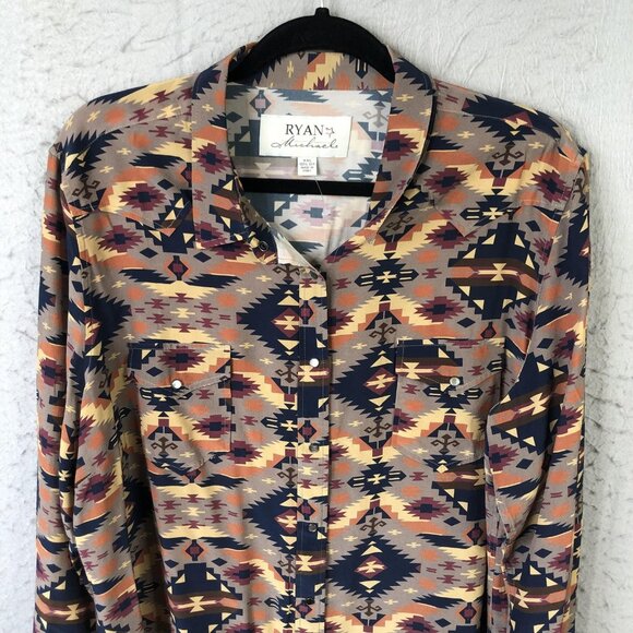 Ryan Michael Shirt Mens 2XL Multicolor Silk Pearl Snap Southwestern Long Sleeve - Picture 9 of 16